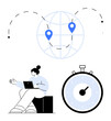 © robu_s - Woman with laptop stopwatch and a globe with location pins. Ideal for remote work, global connectivity, productivity, efficiency, time management, digital nomad lifestyle, modern work trends. Line