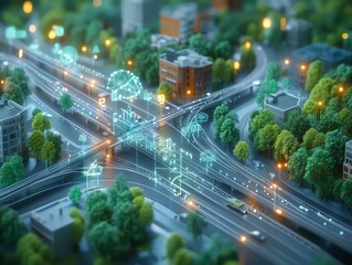 Poster - A miniature city with a futuristic, glowing, holographic network of connections overlaying the landscape.