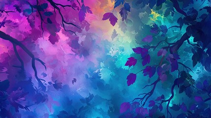 Wall Mural -  A vibrant tree, adorned with purple, blue, and green foliage, stands tall against a picturesque rainbow sky