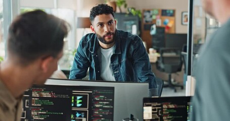 Leinwandbilder - Collaboration, computer screen and software development with business people in office together. Coding, conversation and discussion with programming team reading machine language in workplace