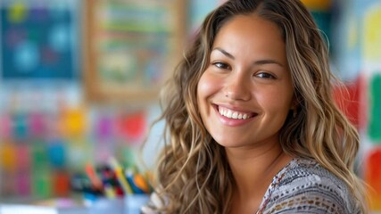 Aufkleber - This cheerful young woman enjoys her time at a vibrant workspace, surrounded by art materials.