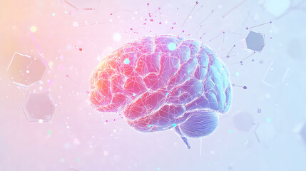 Aufkleber - A colorful illustration of an abstract brain with neural connections, set against a white background with geometric hexagons and dots