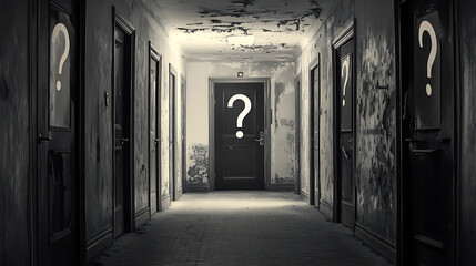 Aufkleber - A hallway with multiple doors, each marked with a question mark, symbolizing lifes choices and endless possibilities, The image evokes curiosity and the uncertainty of decision-making