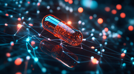 Leinwandbilder - A digital representation of a pill on a network background symbolizes ai-driven precision medicine