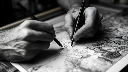 Aufkleber - A hand holding an ink pen, writing on paper The drawing is in black and white with clear lines and details of the hands and shading