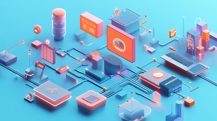 Aufkleber - A 3D illustration representing a Global Distribution System (GDS), a digital network facilitating transactions between service providers and agencies