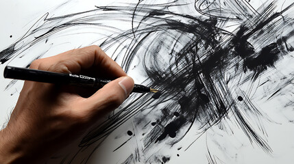 Poster - A hand holding an ink pen, writing on paper The drawing is in black and white with clear lines and details of the hands and shading