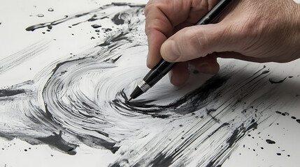 Aufkleber - A hand holding an ink pen, writing on paper The drawing is in black and white with clear lines and details of the hands and shading