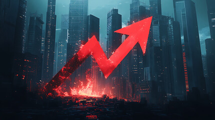 Poster - A large red arrow crashing into the ground symbolizes a stock market crash in a futuristic cityscape