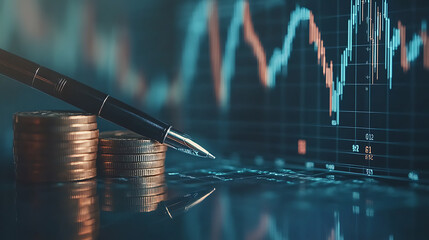 Aufkleber - A pen is writing on a financial chart, with coins stacked next to it and stock charts in blue tones The background includes graphs of various financial elements such as banknotes, curren