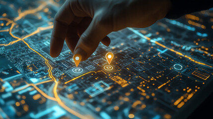 Aufkleber - A digital hand places two pins on a map, highlighting AI technology in GPS, innovation delivery, map location, future transport logistics, and route path concepts, representing GPS points