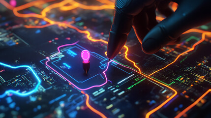 Aufkleber - A digital hand places two pins on a map, highlighting AI technology in GPS, innovation delivery, map location, future transport logistics, and route path concepts, representing GPS points