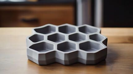 Poster - A grey silicone baking mold with honeycomb-shaped hexagonal compartments, perfect for making unique individual desserts and cakes