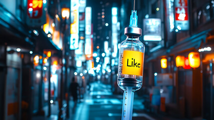 Aufkleber - A syringe labeled 'like & share' on a laptop keyboard symbolizes addiction to online validation on social media
