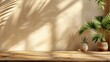 © zhuan - Minimalist Wooden Table with Palm Leaf Shadows on Beige Background for Product Display