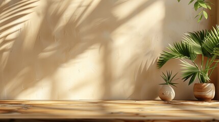 Aufkleber - Minimalist Wooden Table with Palm Leaf Shadows on Beige Background for Product Display
