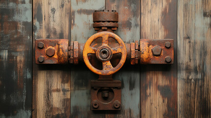 Poster - A photograph of an old, rusty gas control valve mounted on a wall, showcasing the wear and corrosion in an industrial setting