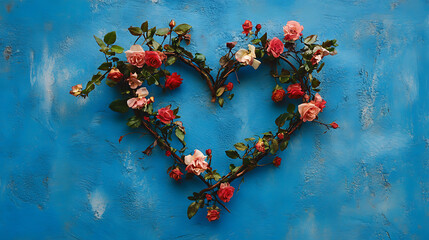 Poster - Beautiful flowers form a heart on a blue background