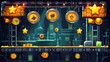 © CreativeCreations - A retro arcade game level map interface with underground factory elements, featuring traps, steel platforms, coins, and golden stars, designed for a console or computer game
