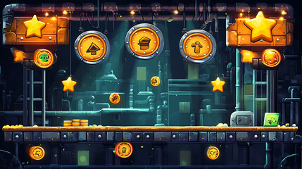 Poster - A retro arcade game level map interface with underground factory elements, featuring traps, steel platforms, coins, and golden stars, designed for a console or computer game