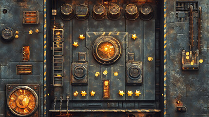 Leinwandbilder - A retro arcade game level map interface with underground factory elements, featuring traps, steel platforms, coins, and golden stars, designed for a console or computer game
