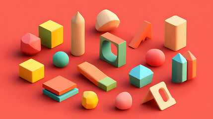 Poster - A set of simple geometric shapes designed as blocks for children's play, presented as 3D cartoon items for developmental activities