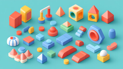 Leinwandbilder - A set of simple geometric shapes designed as blocks for children's play, presented as 3D cartoon items for developmental activities