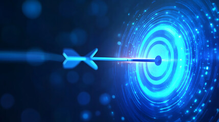 Poster - Bright perspective with a blurred blue gradient background featuring a glowing light circle dart target success square, Abstract vector illustration for brochure pages and presentations