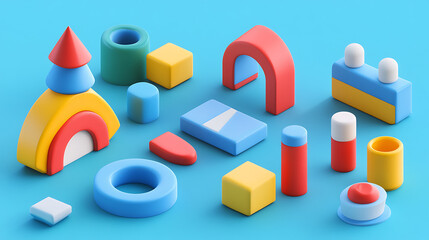 Poster - A set of simple geometric shapes designed as blocks for children's play, presented as 3D cartoon items for developmental activities