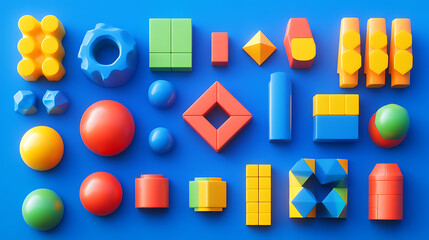 Poster - A set of simple geometric shapes designed as blocks for children's play, presented as 3D cartoon items for developmental activities