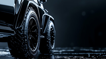 Aufkleber - Closeup on a black truck isolated on a dark background, banner