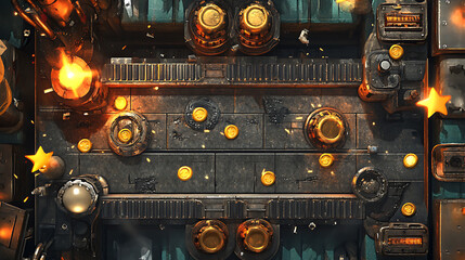 Leinwandbilder - A retro arcade game level map interface with underground factory elements, featuring traps, steel platforms, coins, and golden stars, designed for a console or computer game