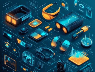 Fototapete - An isometric illustration of various futuristic gadgets and devices.