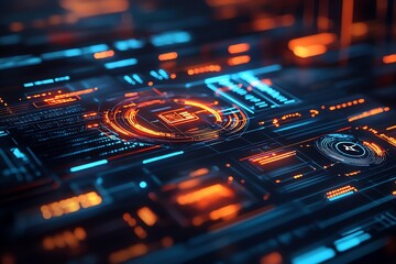 Fototapete - Abstract digital interface with glowing orange and blue lines and a circular element in the center.