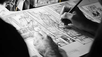 Aufkleber - Artist drawing storyboard for an animation project with pencil sketches