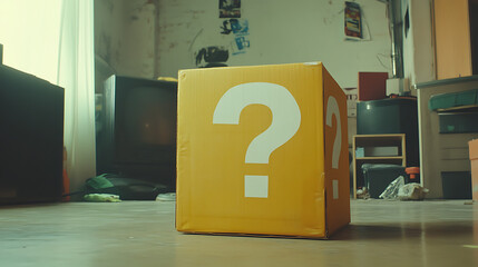 Aufkleber - An indoor still-life photo of a small yellow box with a large white question mark printed on each side, reminiscent of a graphic element from a well-known platform video game