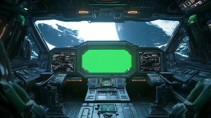 Leinwandbilder - Cockpit view from spaceship with futuristic interface and green screen