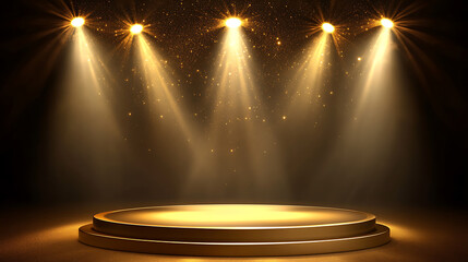 Poster - Gold spotlight background, Illuminated golden stage, Background for displaying products, Bright beams of spotlights, shimmering glittering particles, a spot of light