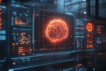 Fototapete - A glowing red human brain is displayed on a futuristic digital monitor, surrounded by graphs and data.