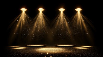 Poster - Gold spotlight background, Illuminated golden stage, Background for displaying products, Bright beams of spotlights, shimmering glittering particles, a spot of light