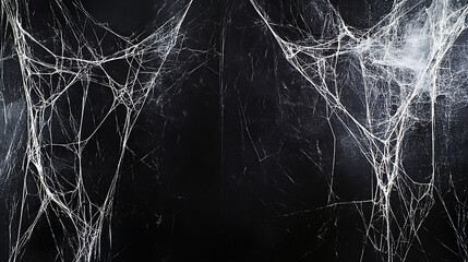 Fototapete - Delicate white spider webs on a black background, a banner with a copy space area