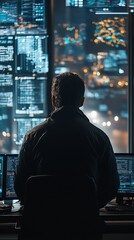 Leinwandbilder - A man sits in front of multiple computer monitors in a dark room, looking out the window at a city lights.