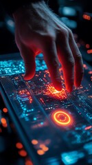 Fototapete - A hand hovers over a futuristic glowing touchscreen, finger poised to activate a digital interface.
