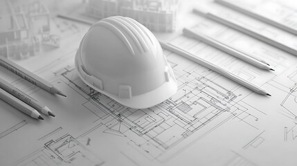 Aufkleber - Blueprint floor plan with pencils and hard hat symbolizing architectural project management