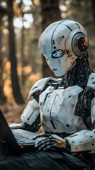 Aufkleber - A humanoid robot sits in a forest, working on a laptop.