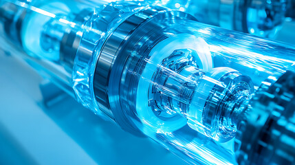 Aufkleber - Automated industrial machine for plastic packaging with light effects, showcasing the shaft of a packaging line with plastic film in a light blue scene