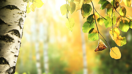 Poster - Beautiful birch tree with yellow and green leaves in an autumn forest, blurred background, banner design