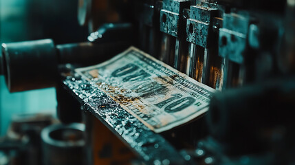 Fototapete - Close-up of a money printing press machine producing USA dollars, symbolizing inflation and economic impact, High-quality image capturing the essence of financial concepts