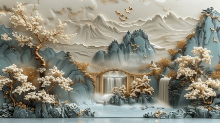 Poster - High Resolution Chinese Landscape Relief Wall with Golden Elements and Blue Waterfalls