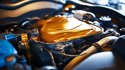 New motor oil, car engine close-up